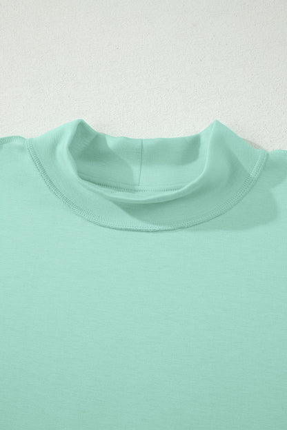 Moonlight Jade Solid Color Exposed Seam Mock Neck Oversize Tee Casual Shorts 2pcs Outfit - Snoopy's Closet