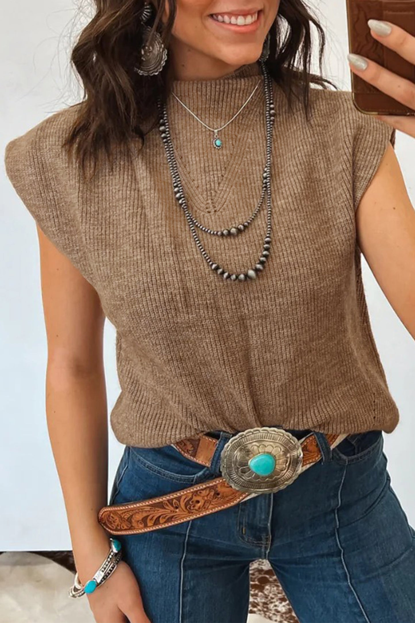 Suéter sin mangas holgado de cuello alto de punto acanalado color beige francés claro liso
