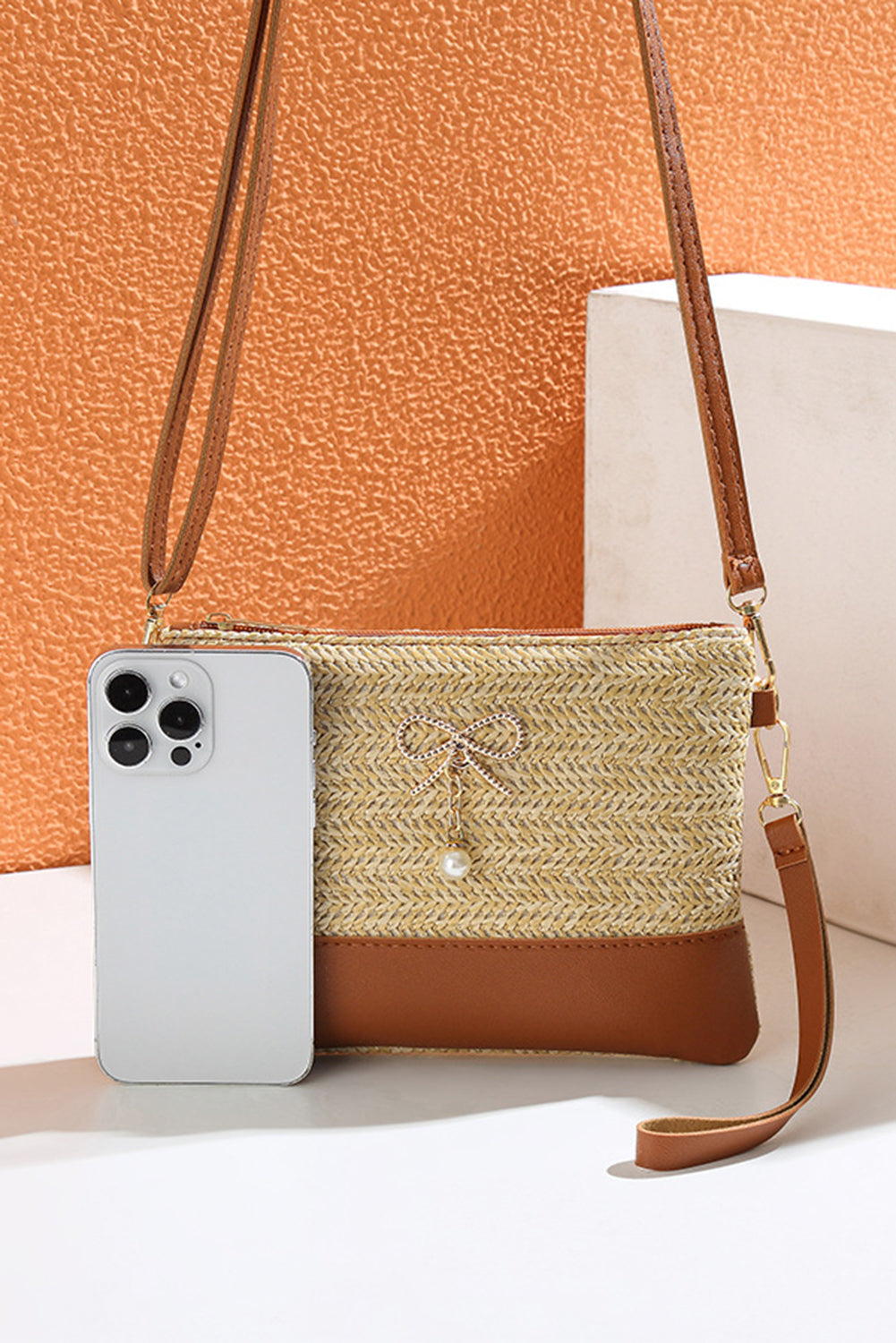 Beige Bow Pearl Decor Straw PU Leather Patched Crossbody Bag - Snoopy's Closet