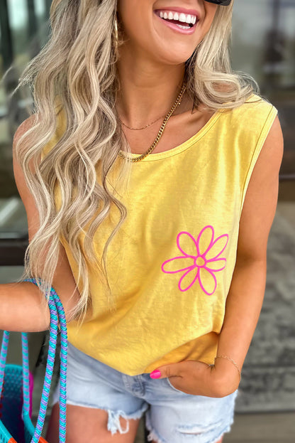 Yellow Cream Flower Graphic Casual Tank Top - Snoopy's Closet