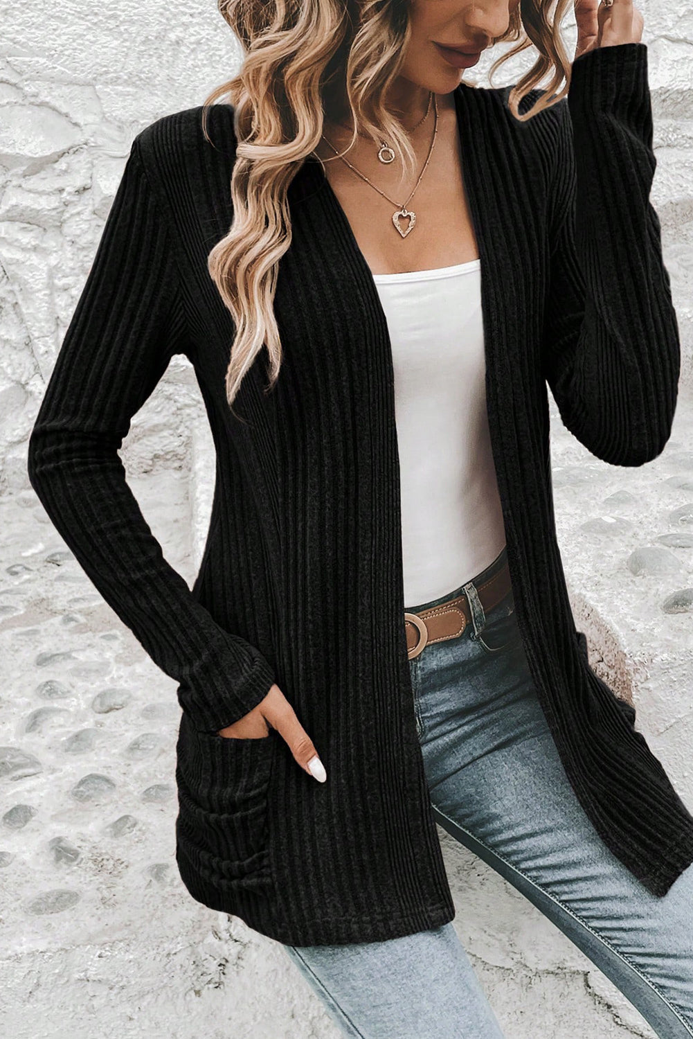 Black Ribbed Open Front Knitted Top with Pockets - Snoopy's Closet