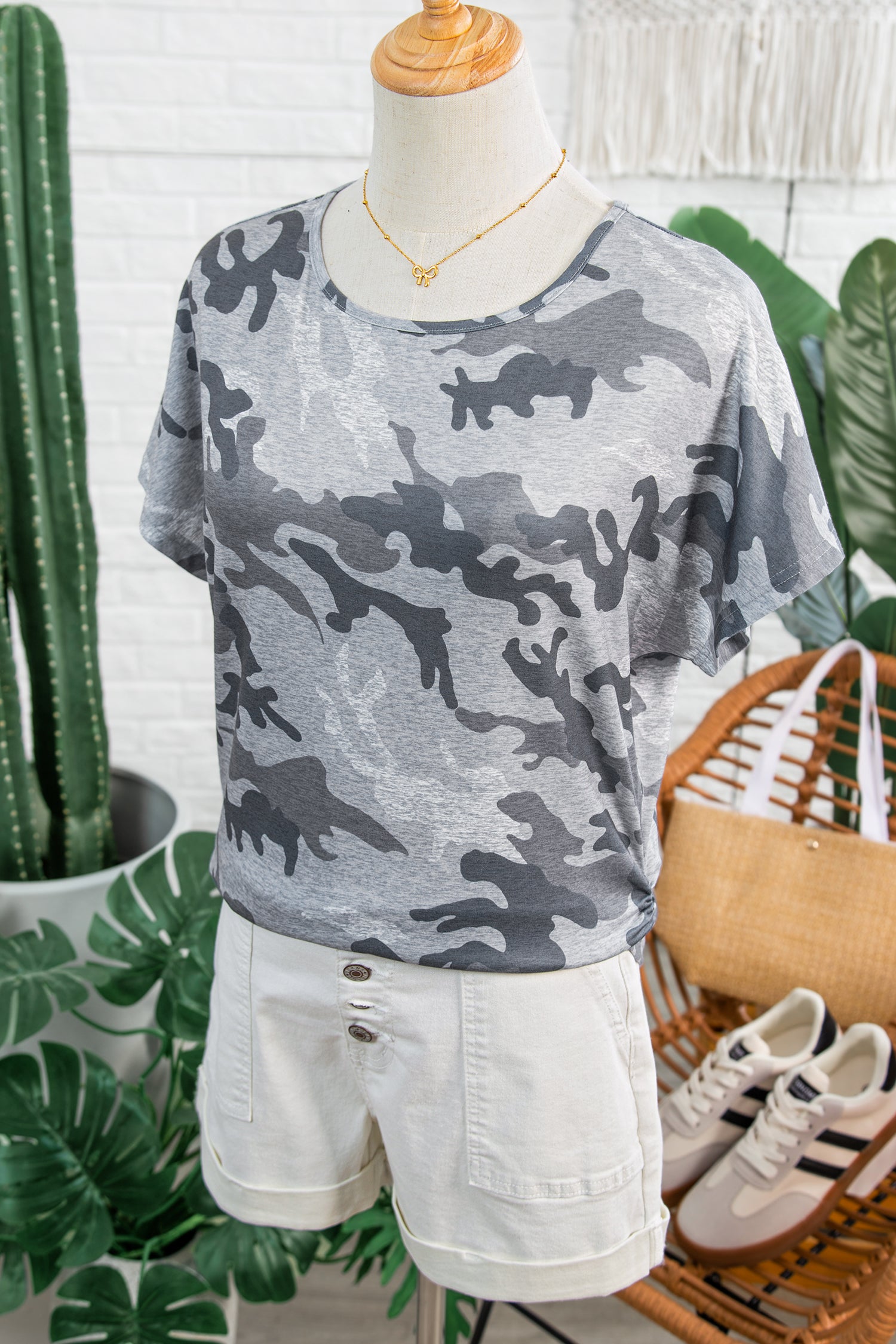Gray Camouflage Print Round Neck T Shirt - Snoopy's Closet