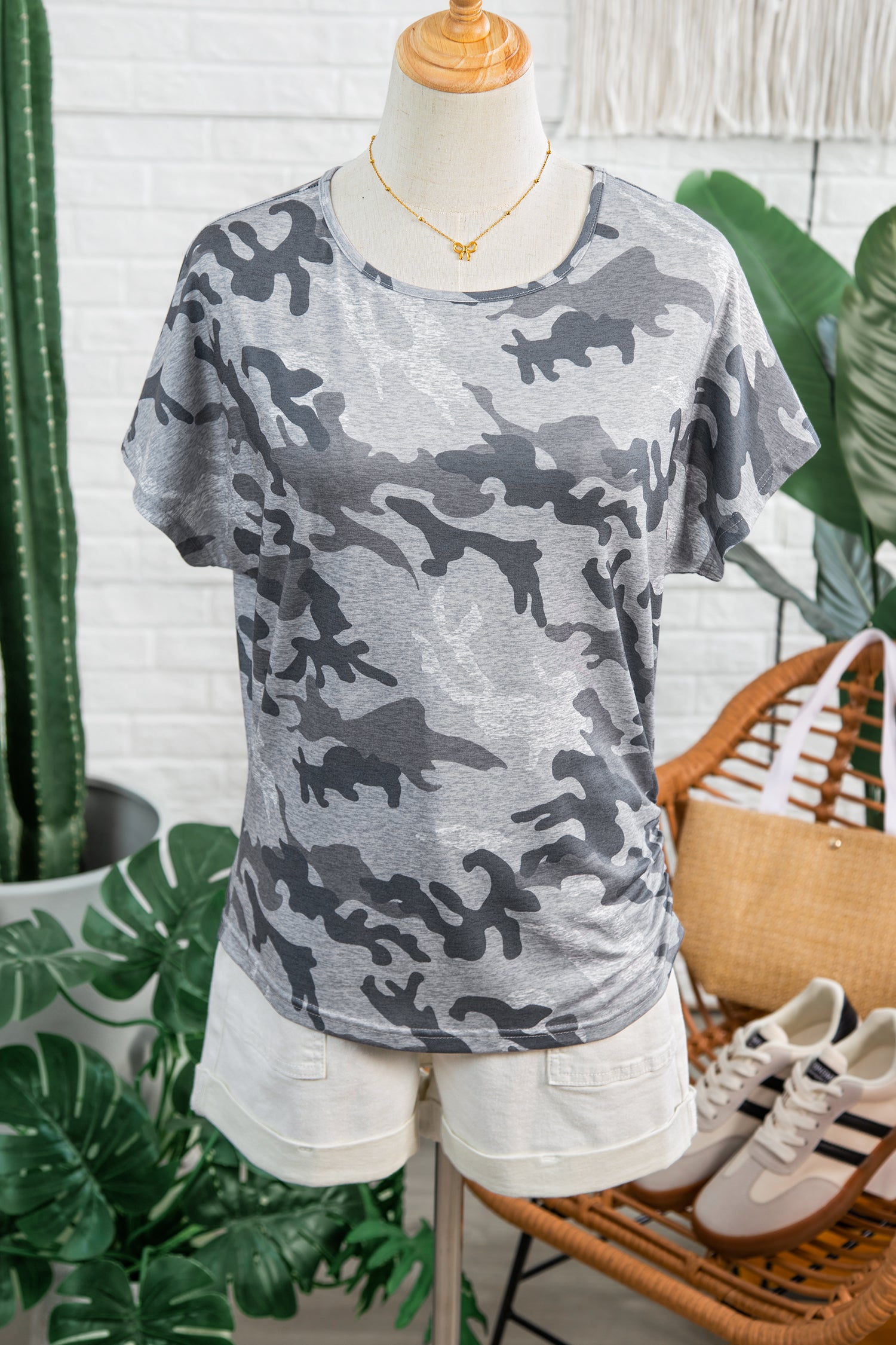 Gray Camouflage Print Round Neck T Shirt - Snoopy's Closet