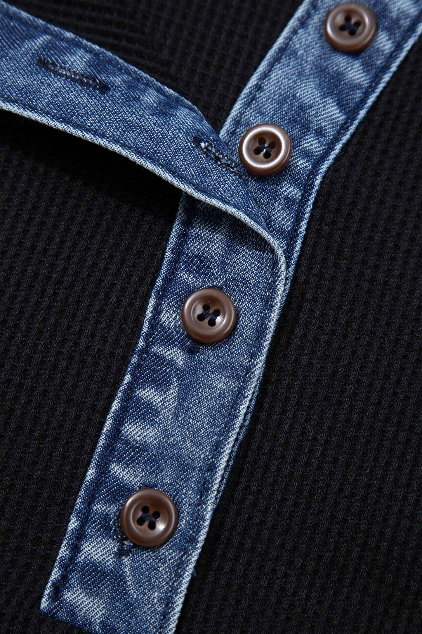 Black Waffle Knit Denim Contrast Trim Patchwork Button Polo Collar Top