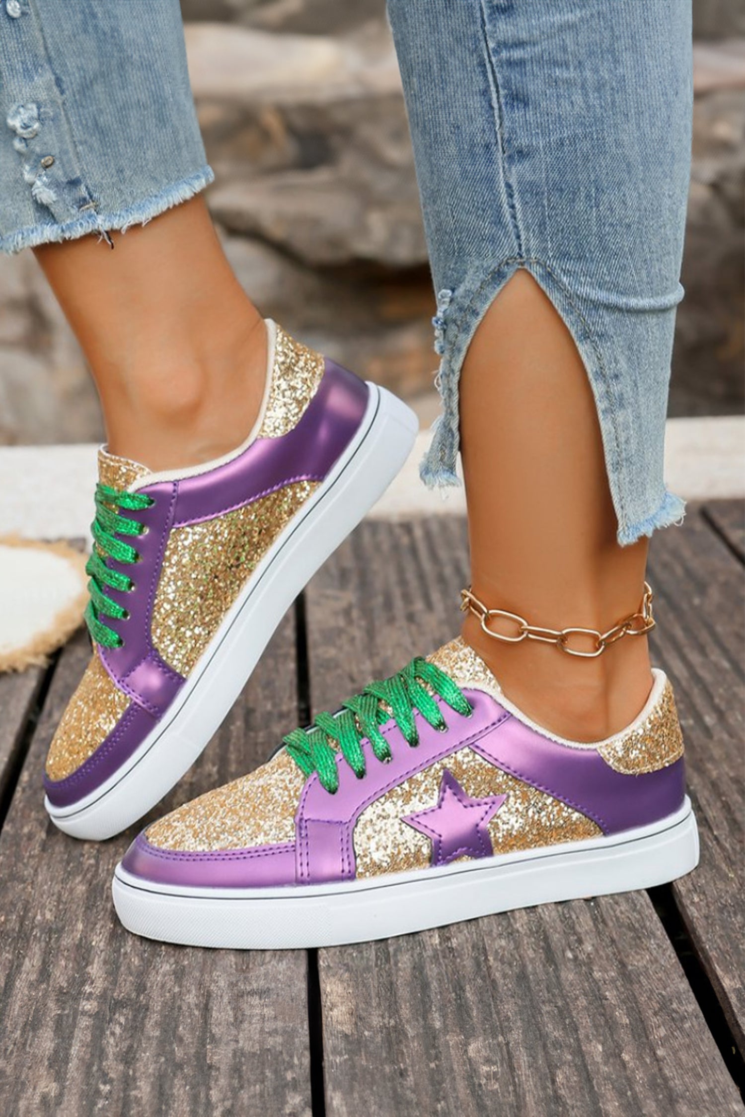 Tillandsia Purple Dearlove Glitter Star Patchwork PU Leather Lace-up Sneakers