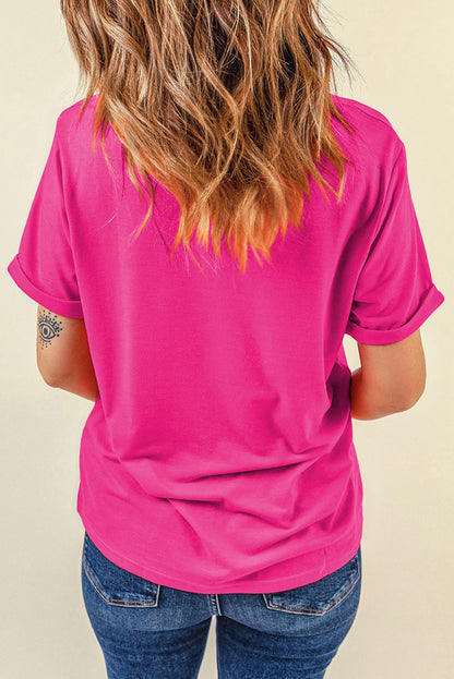 Camiseta con cuello redondo y estampado de cruz "Él ha resucitado" con purpurina rojo rosa