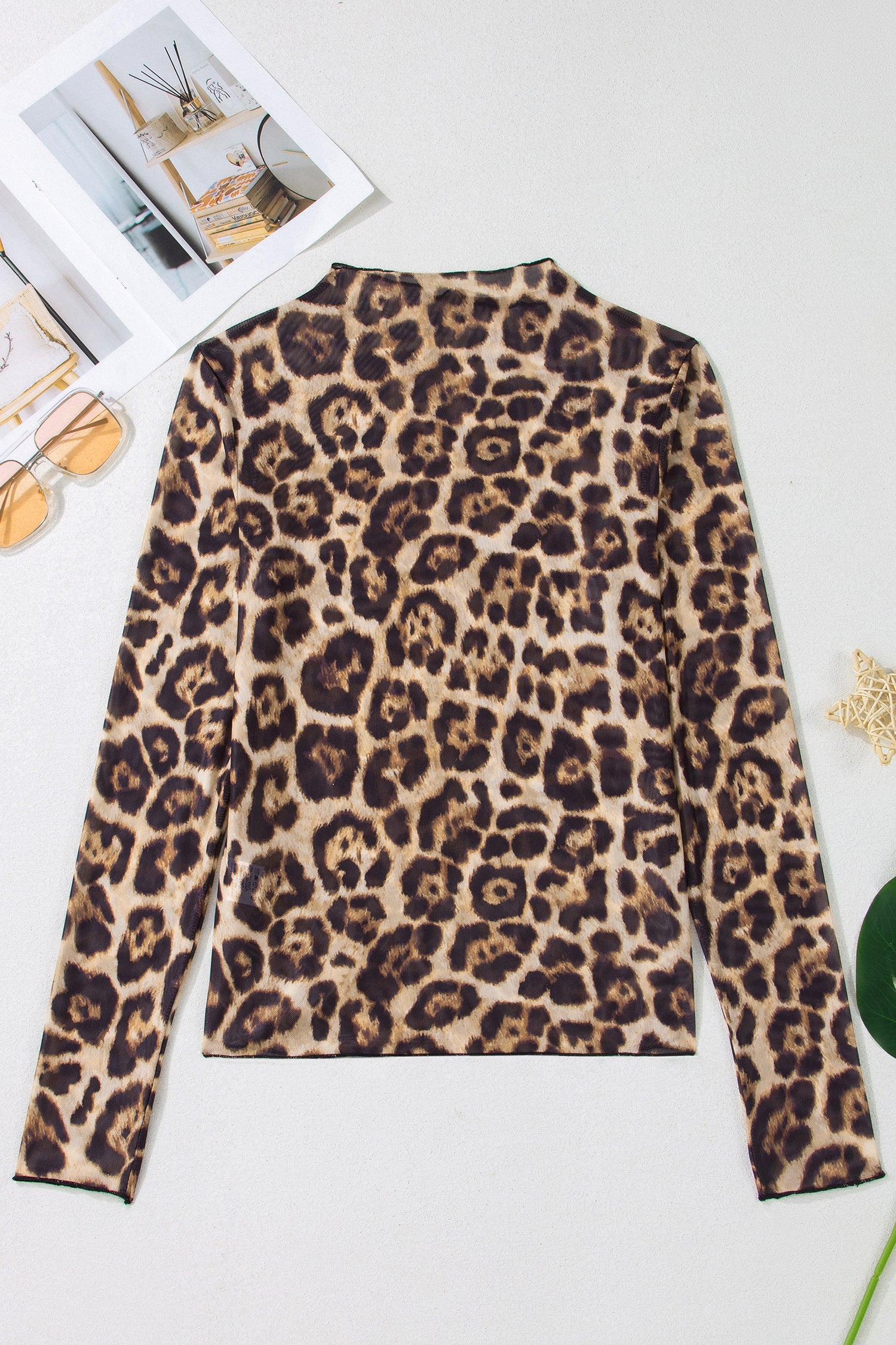 Camel Leopard Print Slim Fit Mesh Long Sleeve Mock Neck Top - Snoopy's Closet