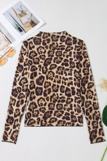 Camel Leopard Print Slim Fit Mesh Long Sleeve Mock Neck Top - Snoopy's Closet