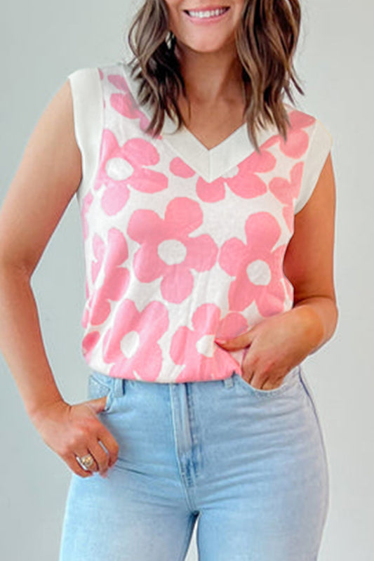 Pink Cute Flower Knitted V Neck Tank Top - Snoopy's Closet