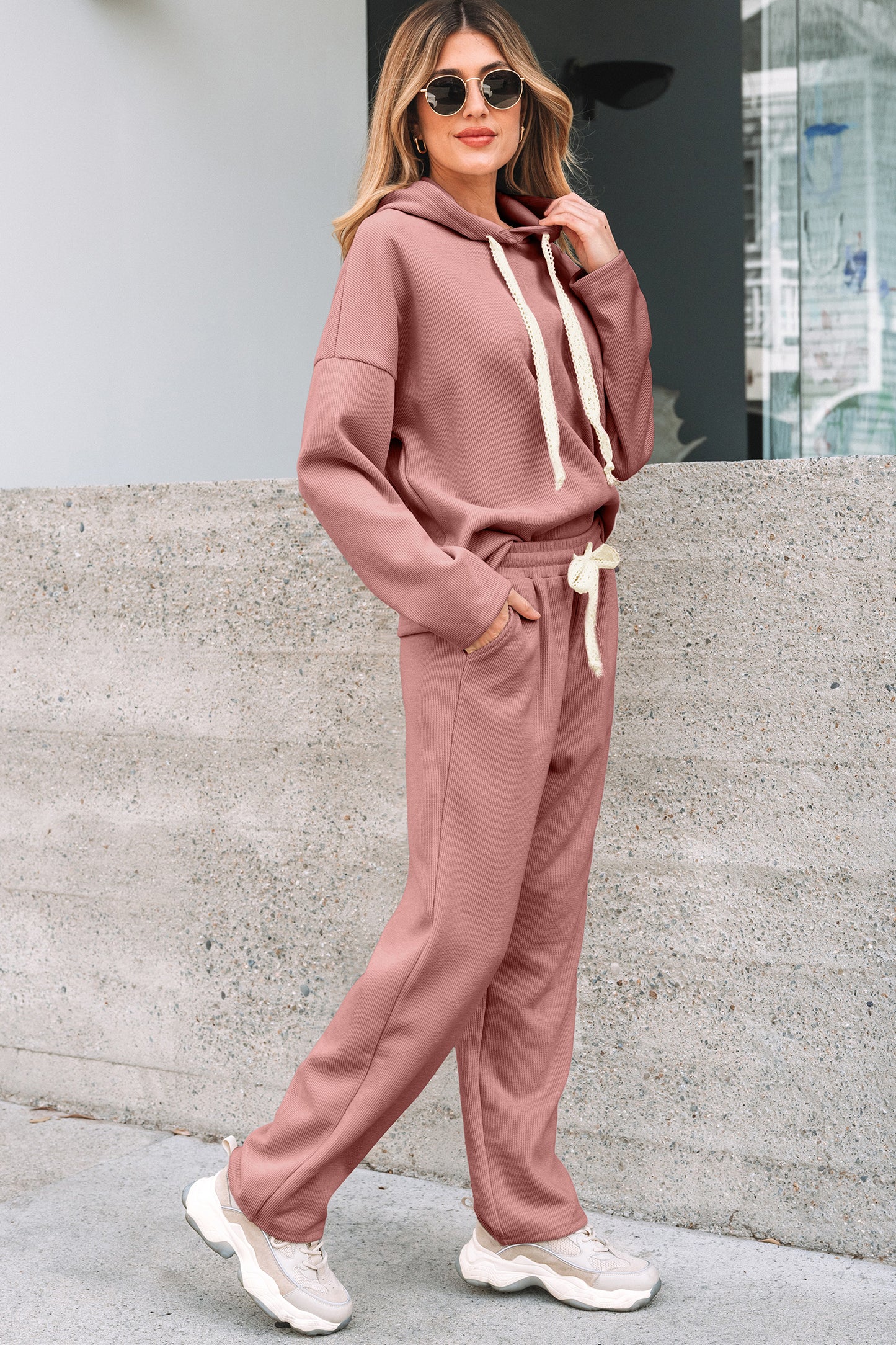 Parchment Leopard Drawstring Pullover Hoodie and High Waist Pants Corduroy Suit - Snoopy's Closet