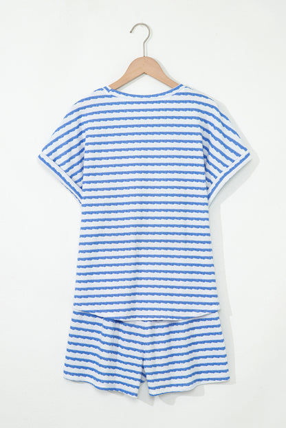Sky Blue Stripe Knitted Short Sleeve Top and Drawstring Shorts Set