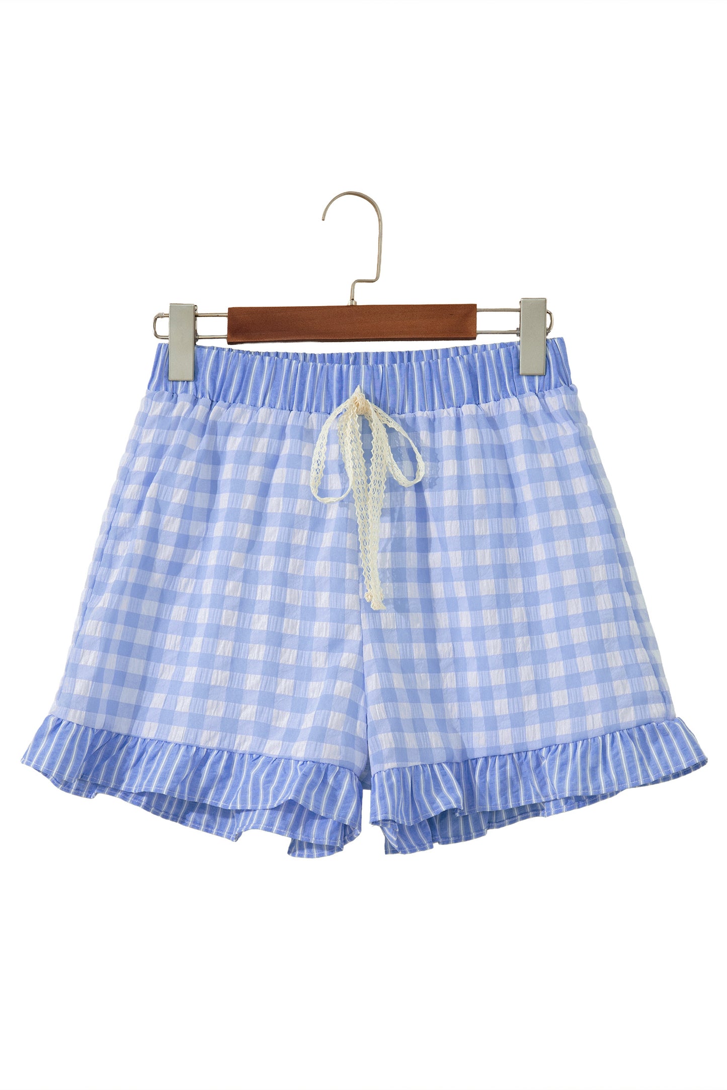 Red Gingham Print Ruffle Striped Detail Lace Tie Shorts - Snoopy's Closet