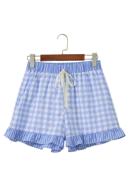 Red Gingham Print Ruffle Striped Detail Lace Tie Shorts - Snoopy's Closet