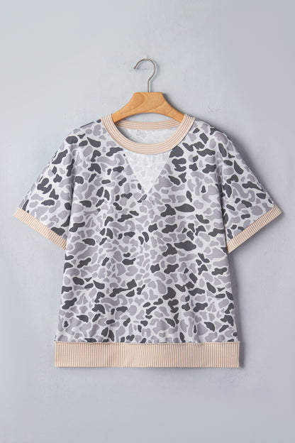 Gray Camouflage Print Twisted Ribbed Patchwork Casual T Shirt - Snoopy's Closet