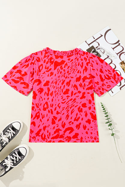 Rose Leopard Frilly V Neck Short Sleeve Blouse - Snoopy's Closet