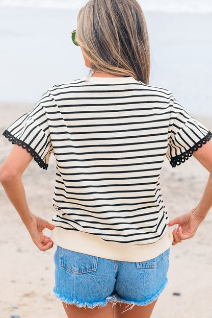 Black Stripe Scallop Lace Trim Ruffle Short Sleeves Crewneck Top - Snoopy's Closet