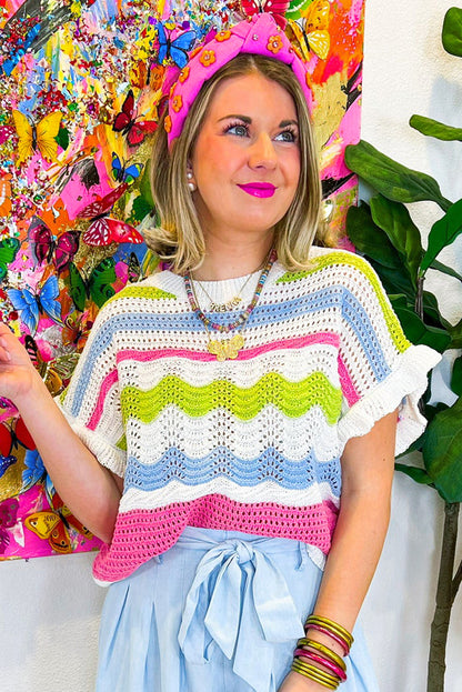 White Colorblock Crochet Knit Ruffled Short Sleeve Sweater Top - Snoopy's Closet