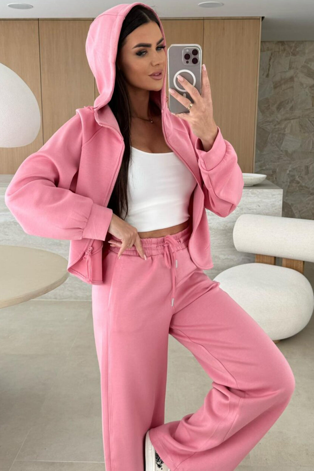 Pink Solid Color Zip Up Hoodie Drawstring Loose Pants Set - Snoopy's Closet