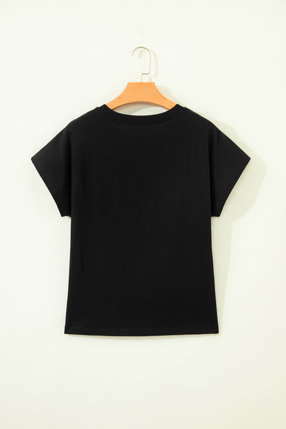Camiseta de algodón con cuello redondo, lazo de leopardo negro bordado