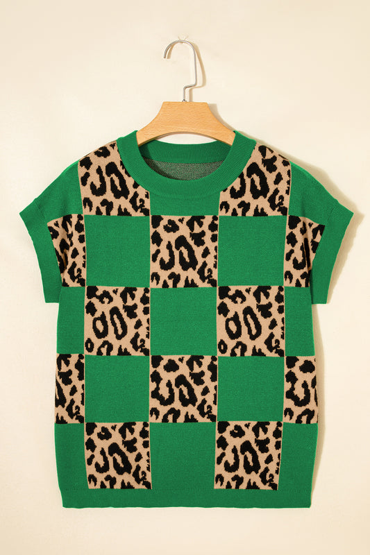 Suéter de punto de manga corta con estampado a cuadros de leopardo verde