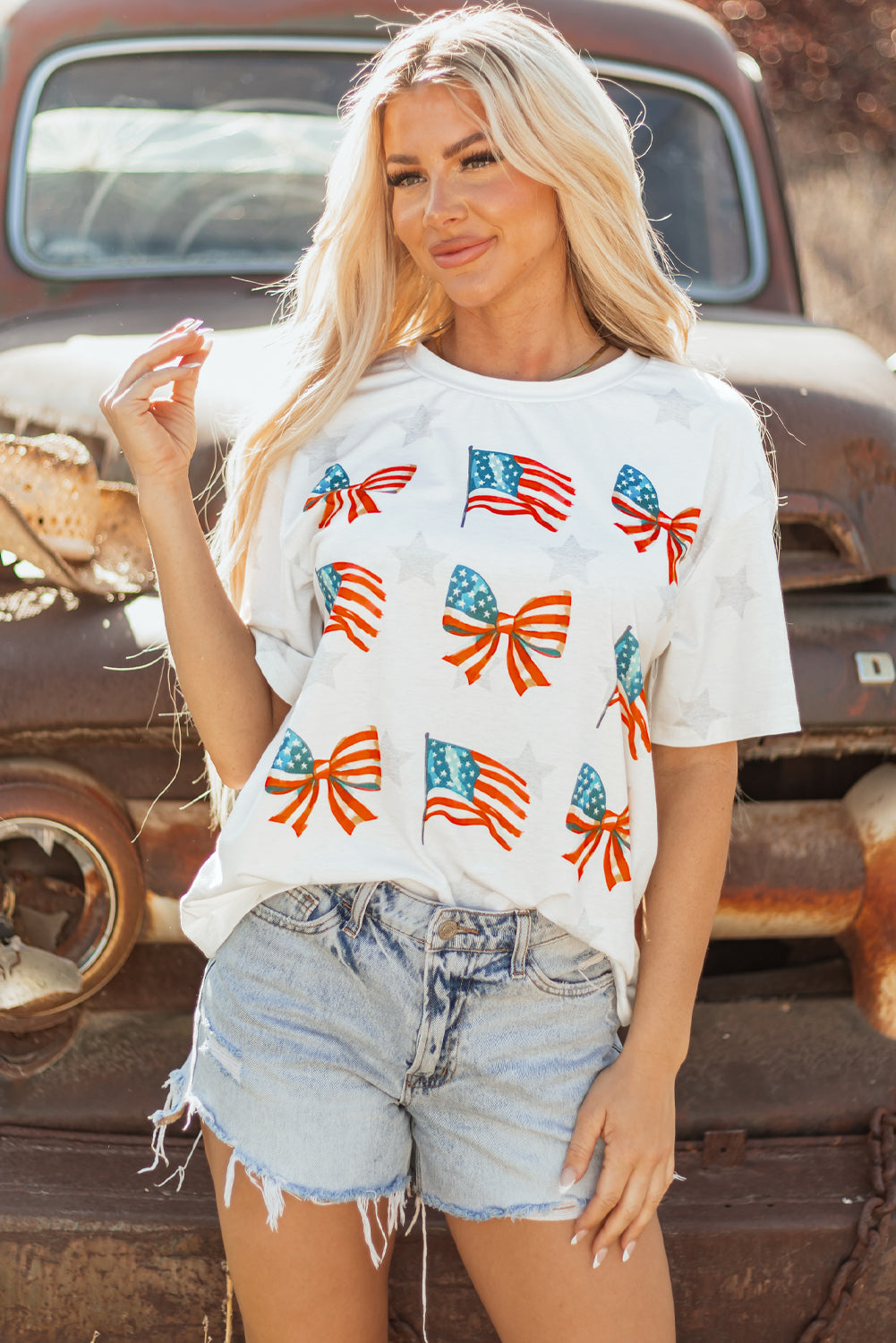 Khaki Patriotic Flag Bow Graphic Starry Round Neck T Shirt - Snoopy's Closet
