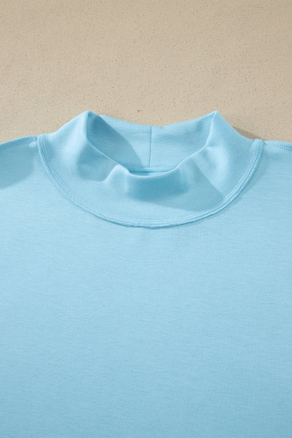 Moonlight Jade Solid Color Exposed Seam Mock Neck Oversize Tee Casual Shorts 2pcs Outfit - Snoopy's Closet