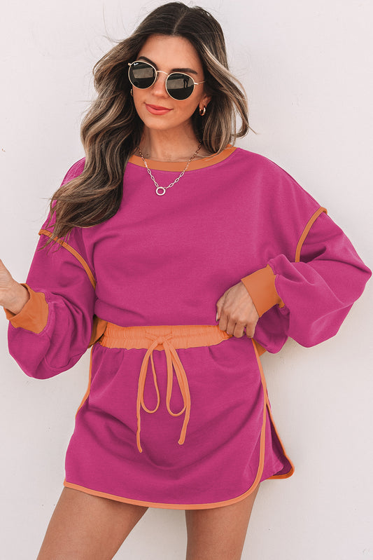 Conjunto de Sudadera Holgada de Contraste en Rojo Rosa y Skort con Cordones en la Cintura