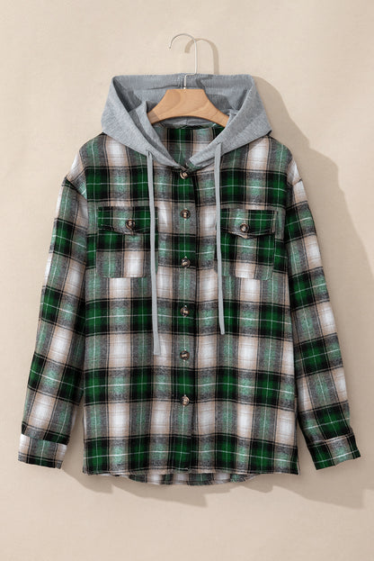 Sobrecamisa con Capucha Abotonada y Bolsillo en el Pecho con Estampado de Cuadros Verdes