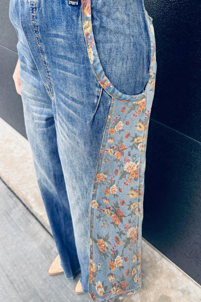 Peacock Blue Floral Patchwork Bib Denim Wide Leg Overalls - Snoopy's Closet