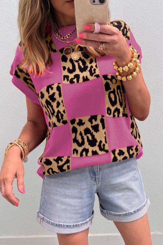 Suéter de punto de manga corta a cuadros leopardo rojo rosa