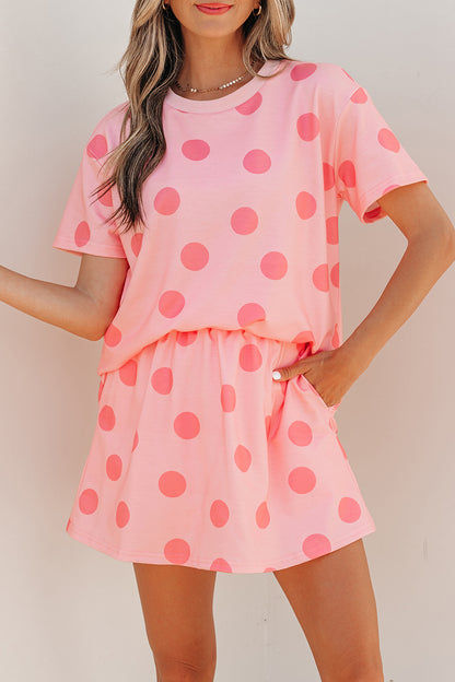 Pink Polka Dot Short Sleeve Top Casual Skort 2pcs Outfit - Snoopy's Closet