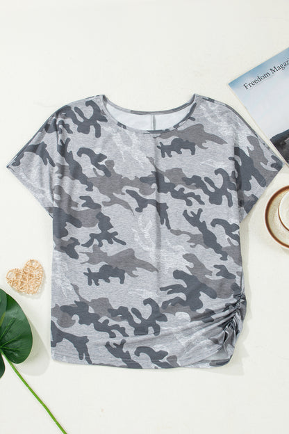 Gray Camouflage Print Round Neck T Shirt - Snoopy's Closet