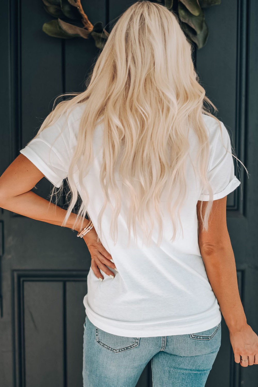 Camiseta blanca con cuello redondo, estampado de lentejuelas, cangrejo, patata, limón y maíz