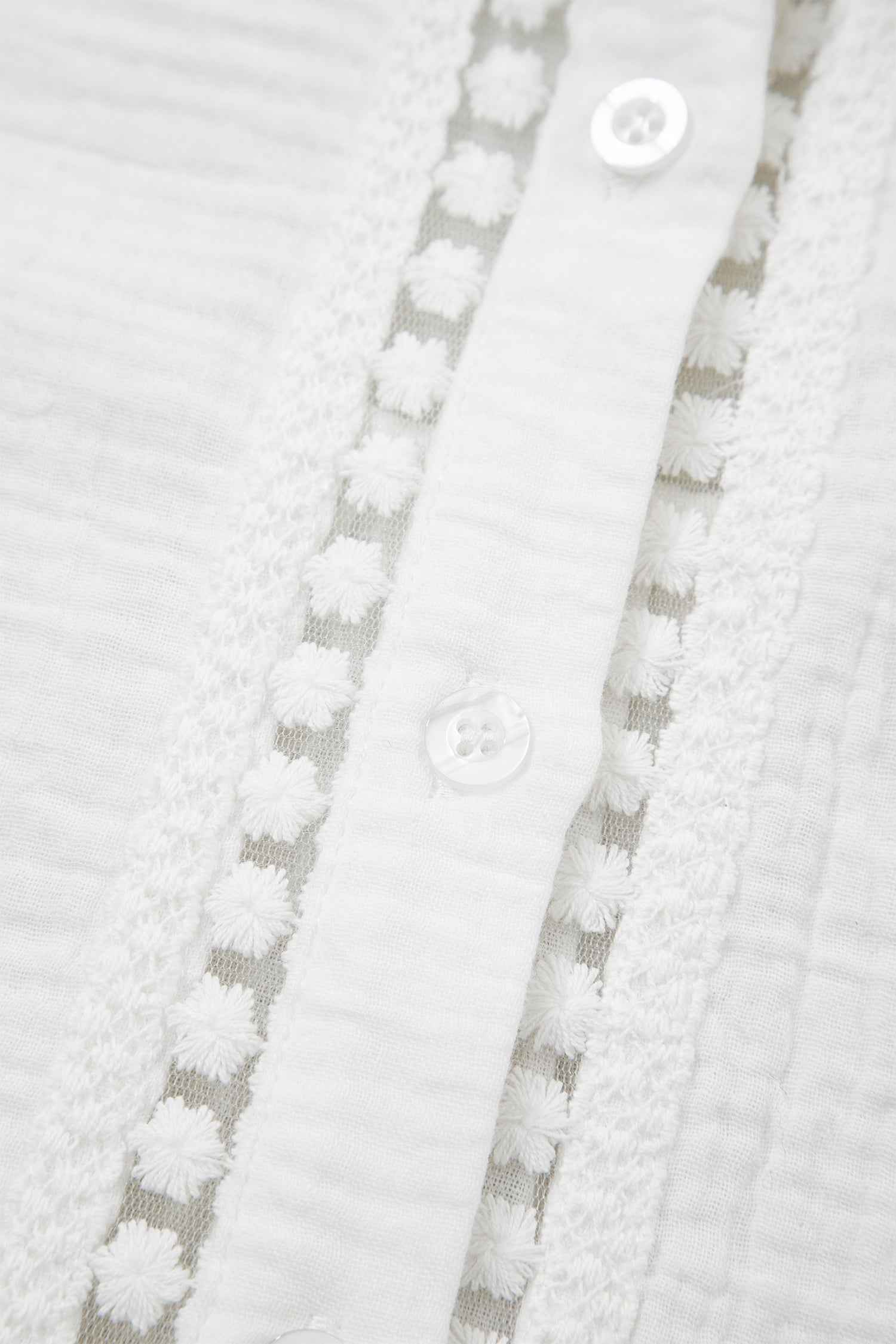 White Lace Trim Cuffed Short Sleeve Textured Shirt