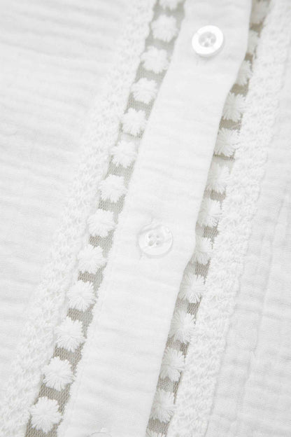 White Lace Trim Cuffed Short Sleeve Textured Shirt