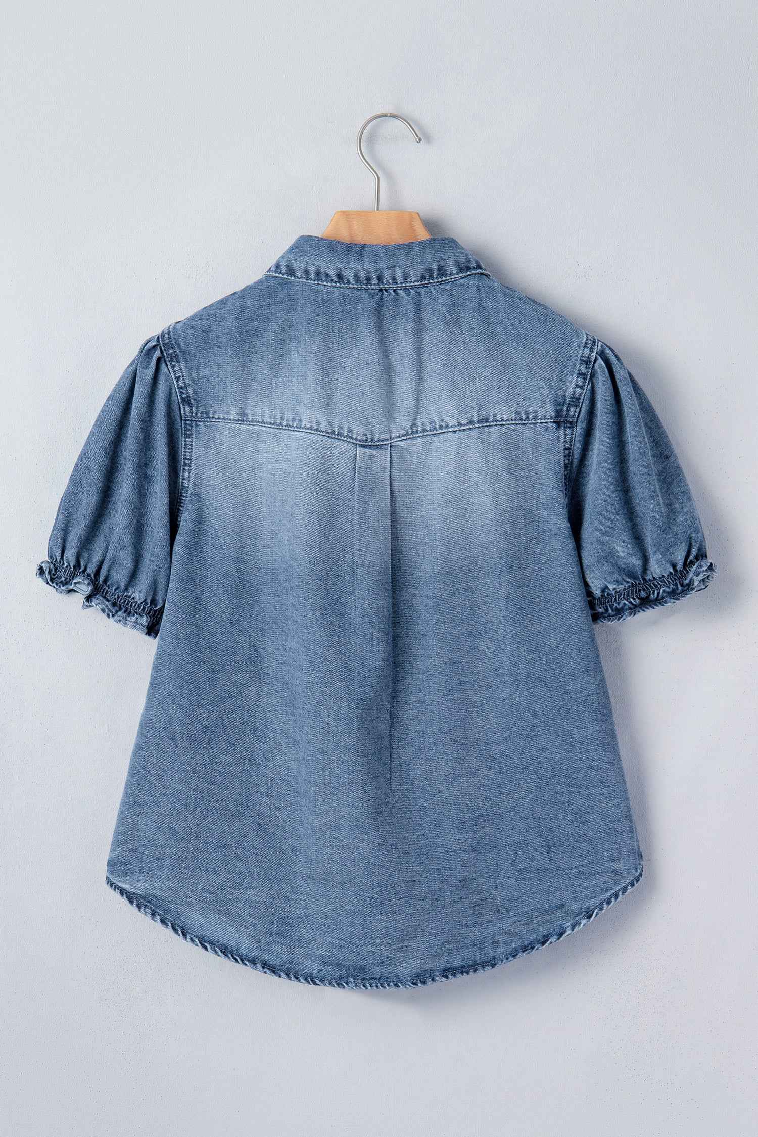 Beau Blue Frilled Short Sleeve Snap Button Denim Shirt