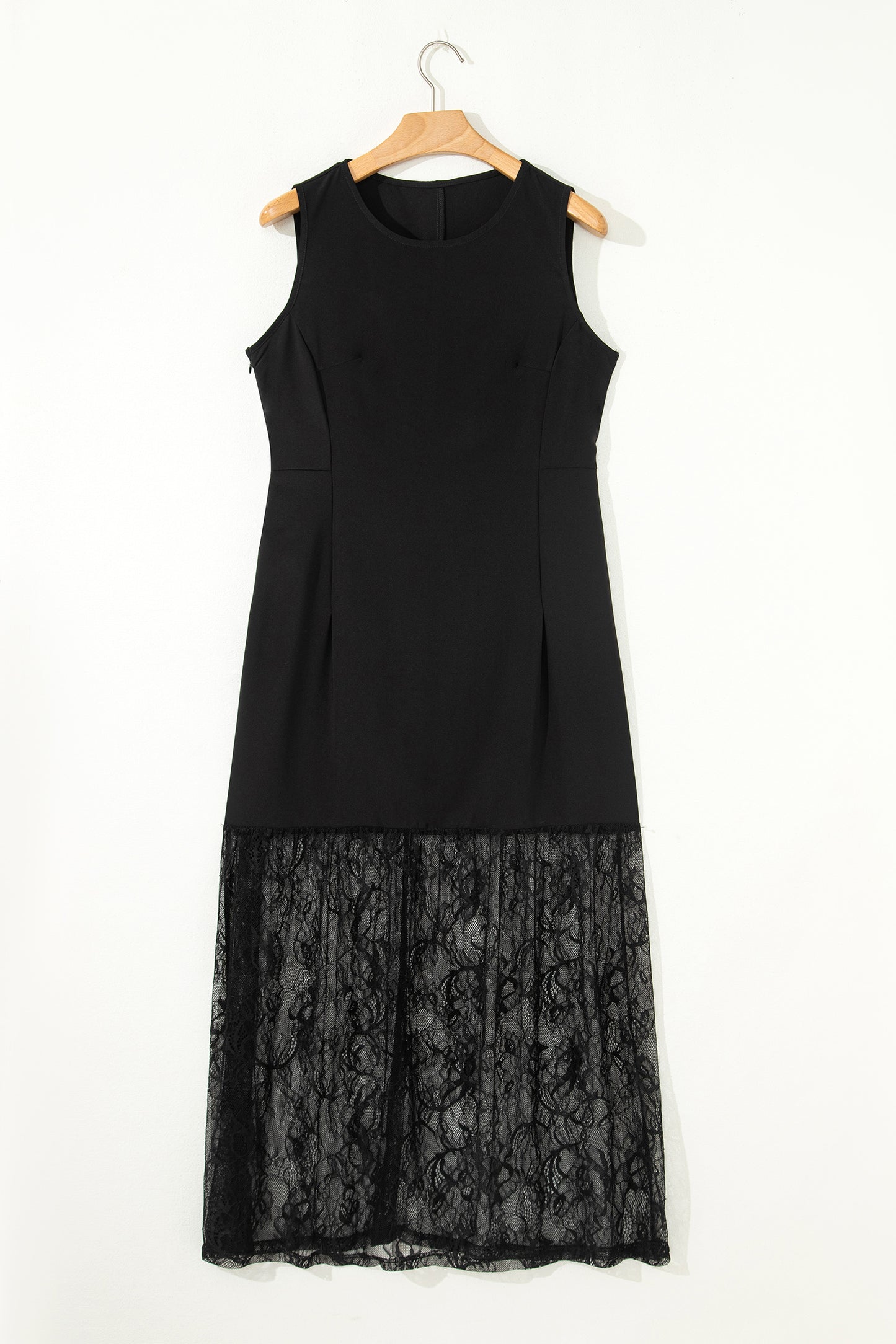 Vestido largo sin mangas de encaje floral transparente en color negro liso