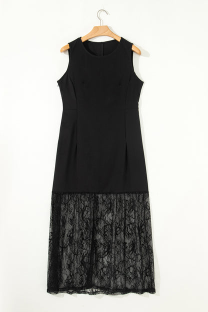 Vestido largo sin mangas de encaje floral transparente en color negro liso