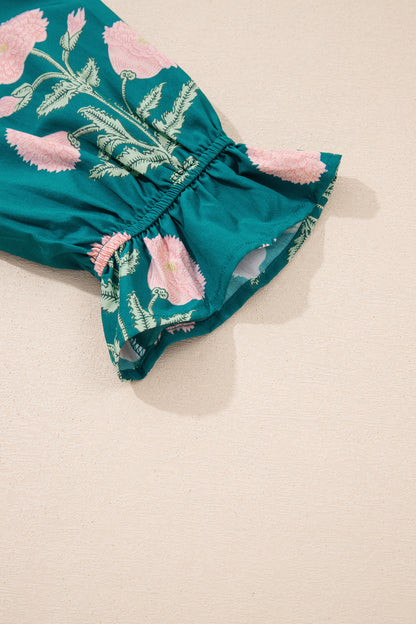 Blusa verde casual con estampado floral silvestre, cuello en V y manga 3/4