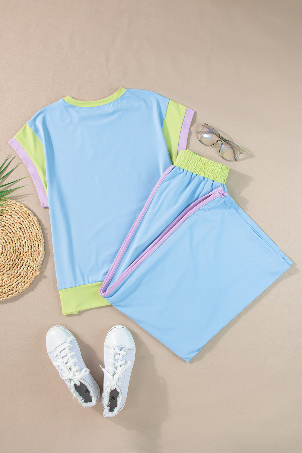Sky Blue Color Block Detail Casual Two-piece Outfit - Snoopy's Closet