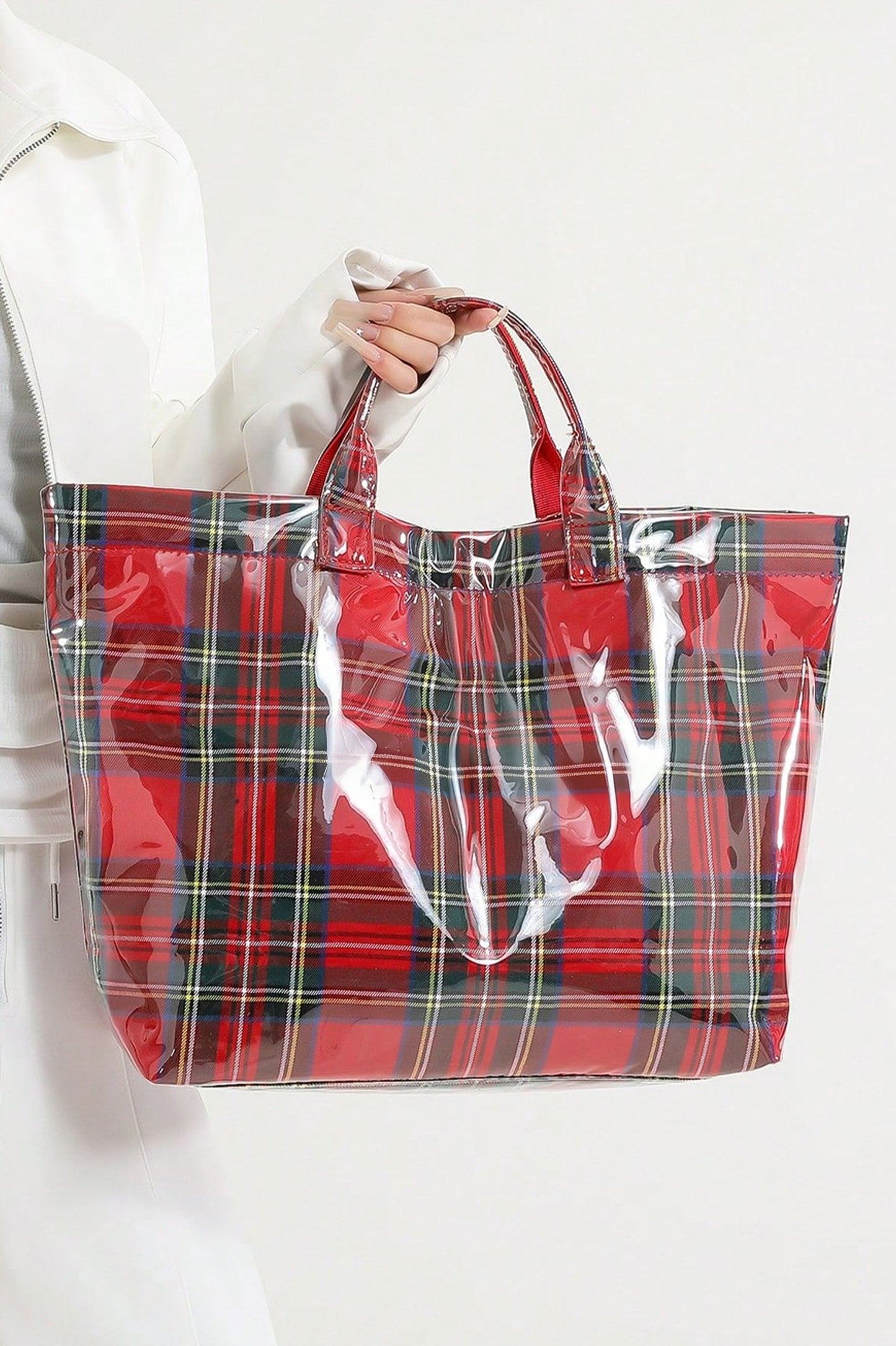 Bolso tote impermeable brillante de PVC con patrón a cuadros rojo fuego