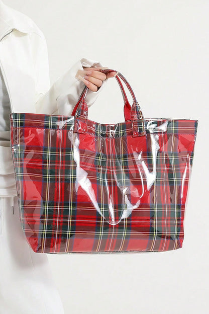 Bolso tote impermeable brillante de PVC con patrón a cuadros rojo fuego