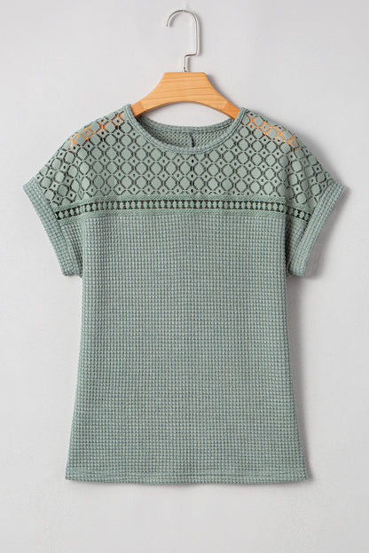 Mist Green Lace Patchwork Waffle Short Sleeve Top - Snoopy's Closet