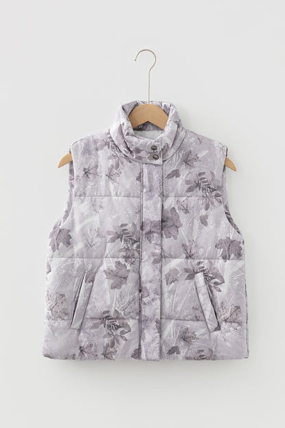 Chaleco acolchado de invierno con estampado de hojas de camuflaje gris