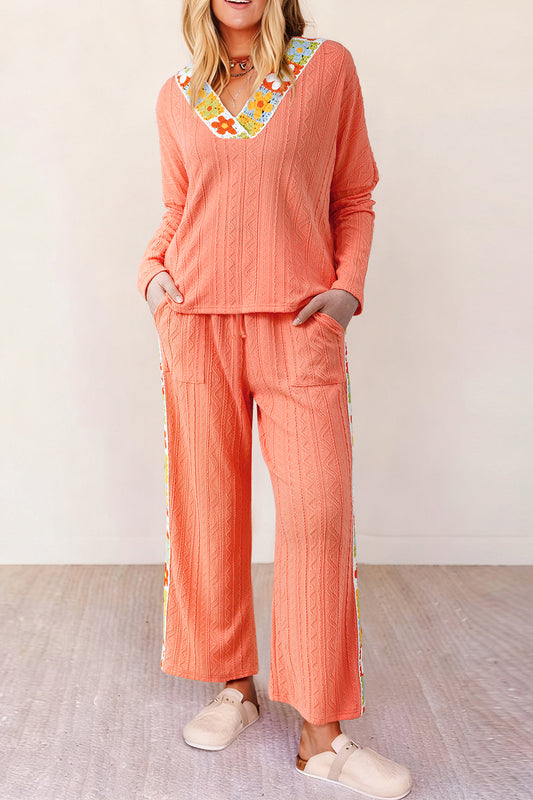 Grapefruit Orange Crochet Floral Accent V Neck Textured Pants Set - Snoopy's Closet