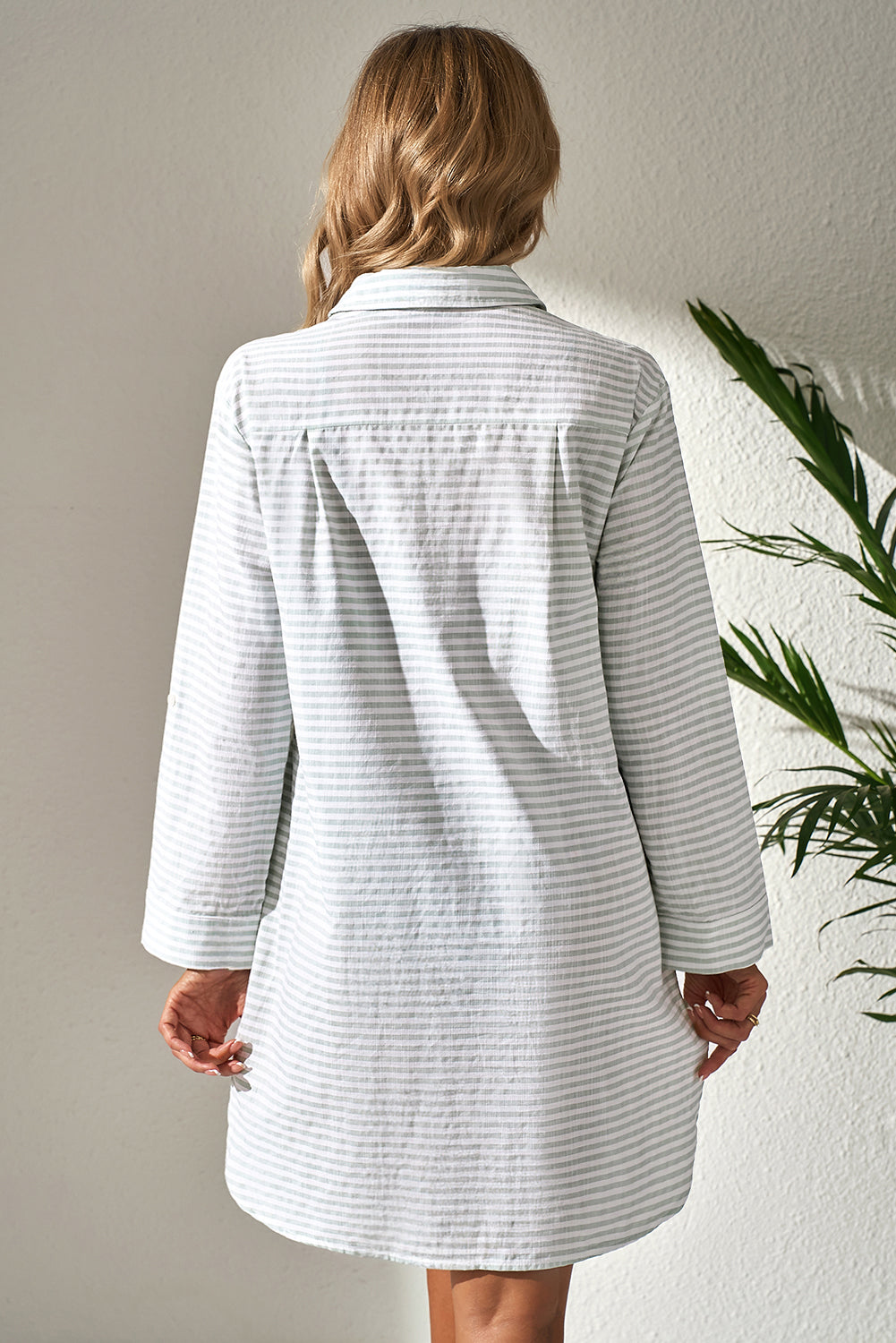 White Stripe Collared V Neck Chest Pocket Long Sleeve Beach Cover up - Snoopy's Closet
