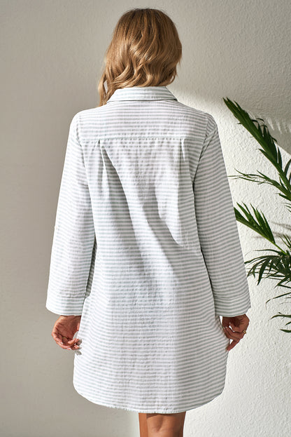 White Stripe Collared V Neck Chest Pocket Long Sleeve Beach Cover up - Snoopy's Closet