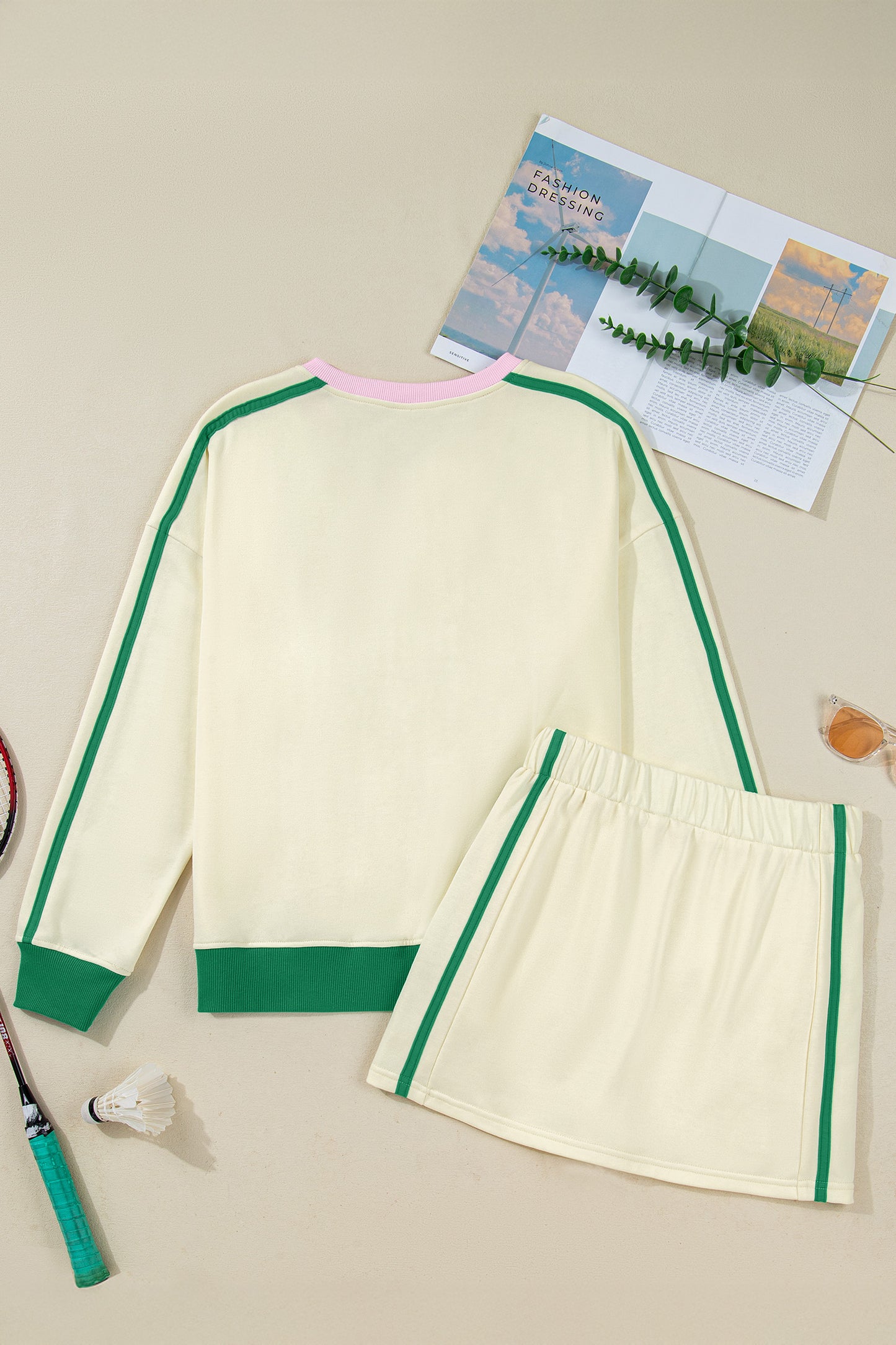 Beige Ribbed Colorblock Trim V Neck Sporty Pullover Mini Skort 2pcs Athleisure Set - Snoopy's Closet