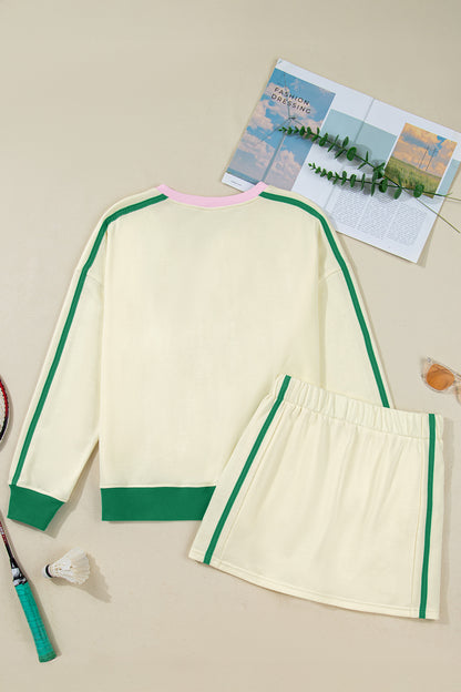 Beige Ribbed Colorblock Trim V Neck Sporty Pullover Mini Skort 2pcs Athleisure Set - Snoopy's Closet