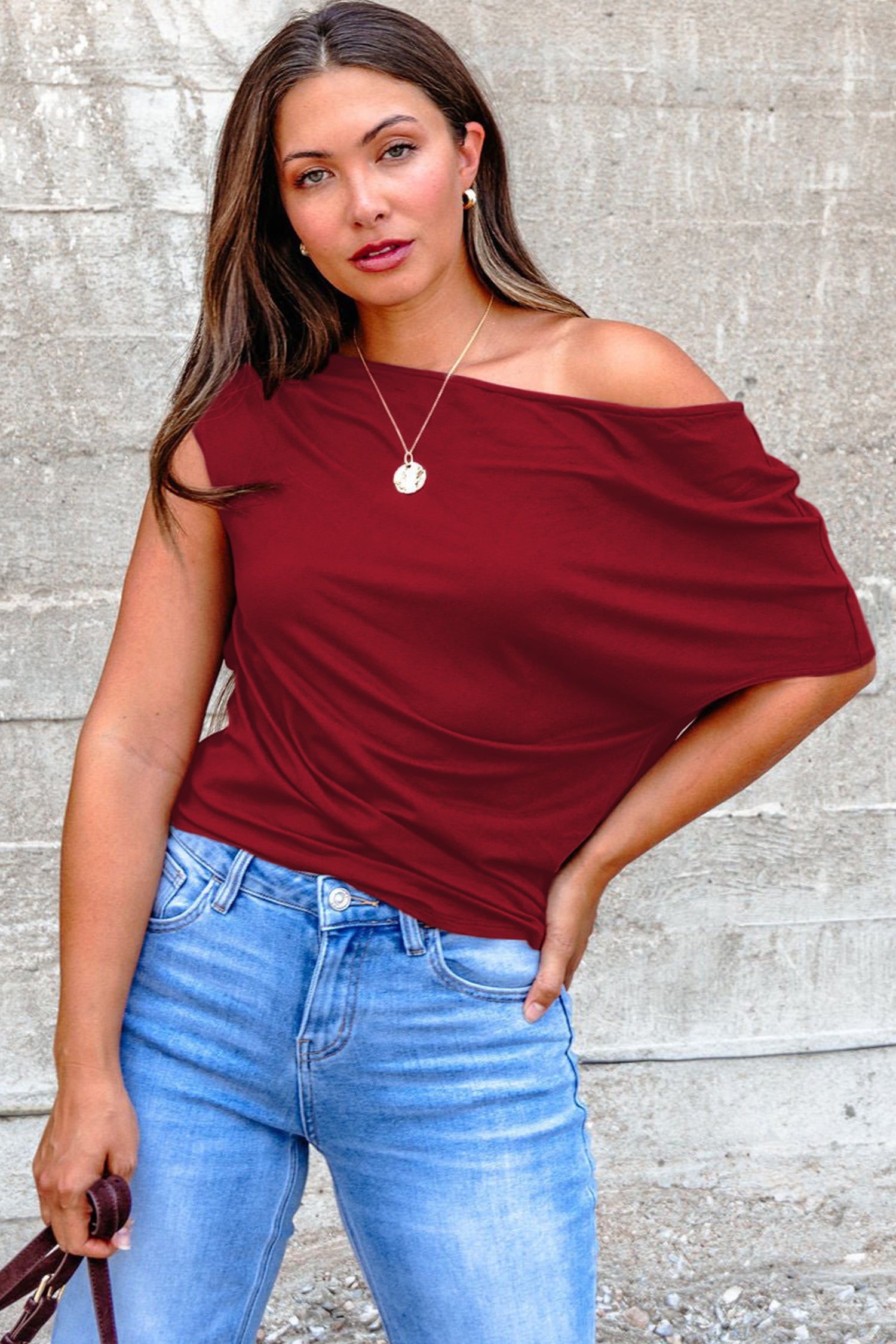 Burgundy Plus Size Solid Color Asymmetric Neck Short Sleeve Blouse - Snoopy's Closet